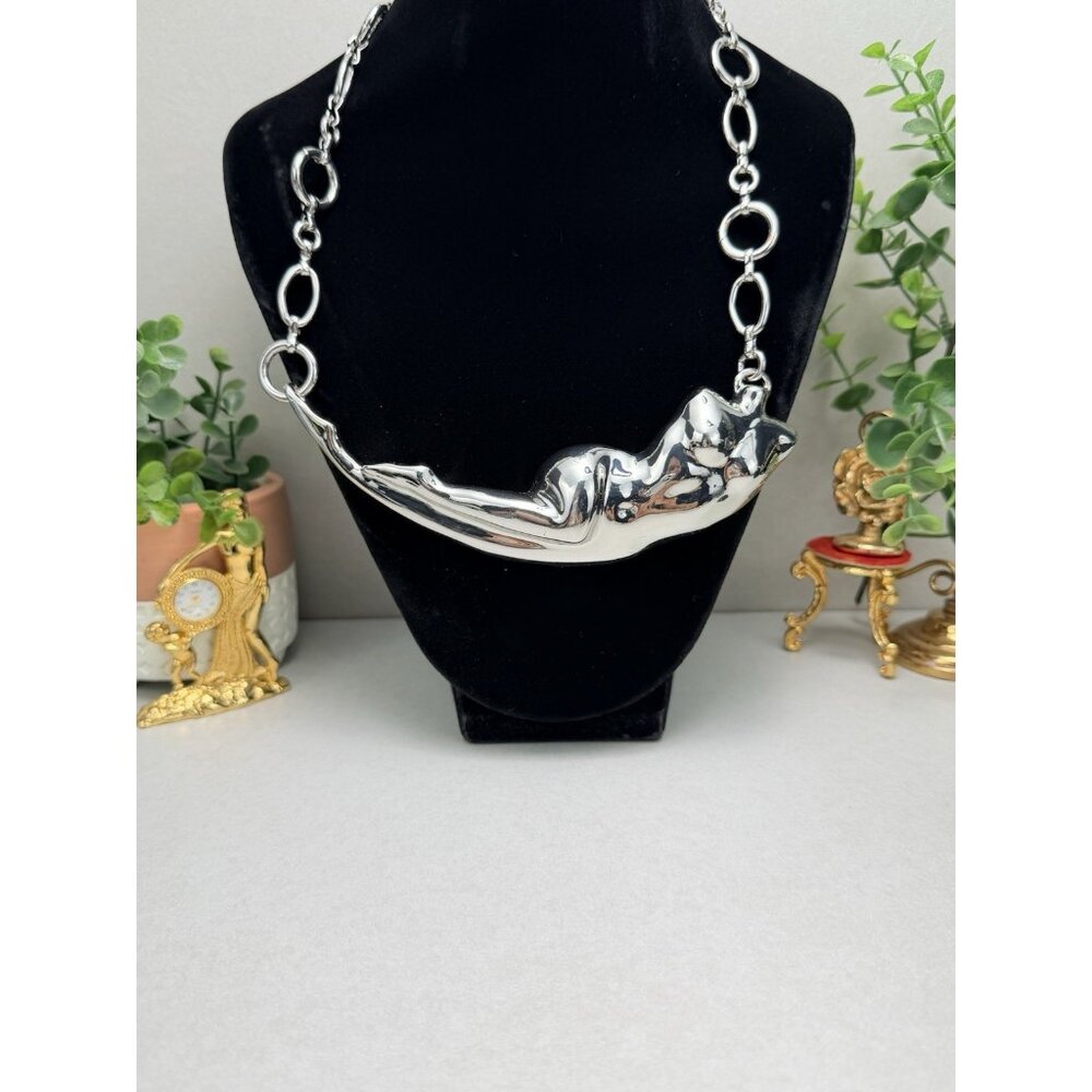 Zara Sculptural Body Statement Necklace Silver Tone Modern Art NWOT